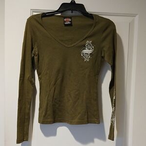 Harley-Davidson Olive Green Women's Long-Sleeve V-Neck Tee with Chest Graphic